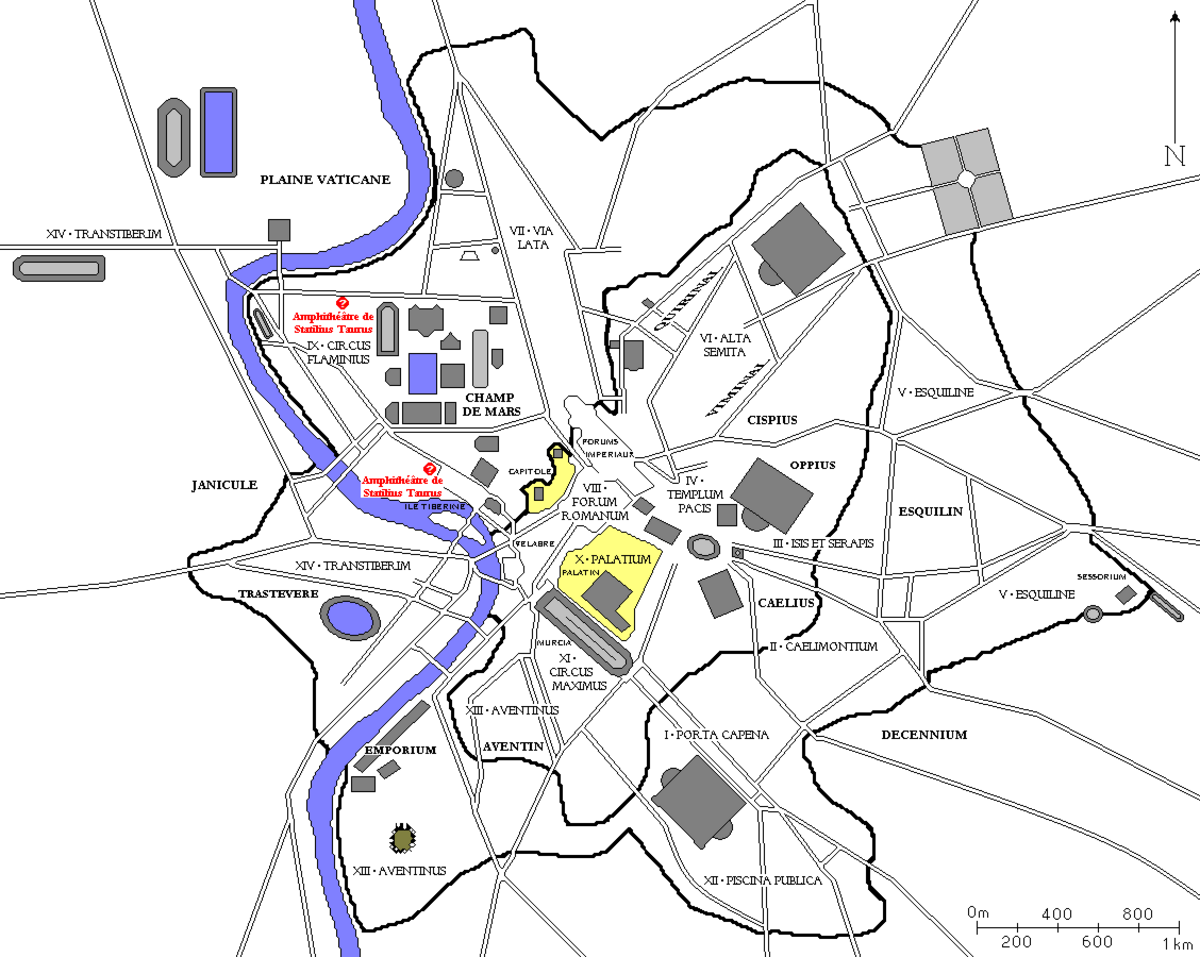 Localisation approximative de l'Amphithéâtre de Statilius Taurus dans la Rome Antique (en rouge).
