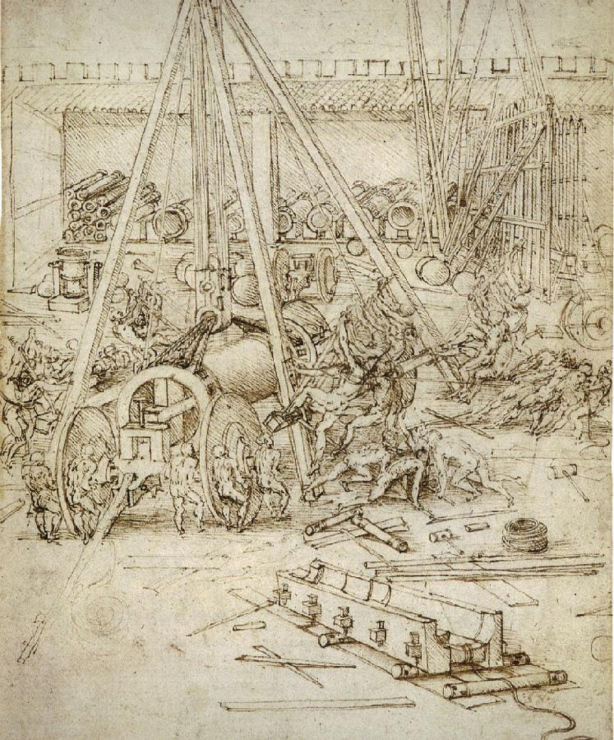Système d'artillerie dessiné par Léonard de Vinci