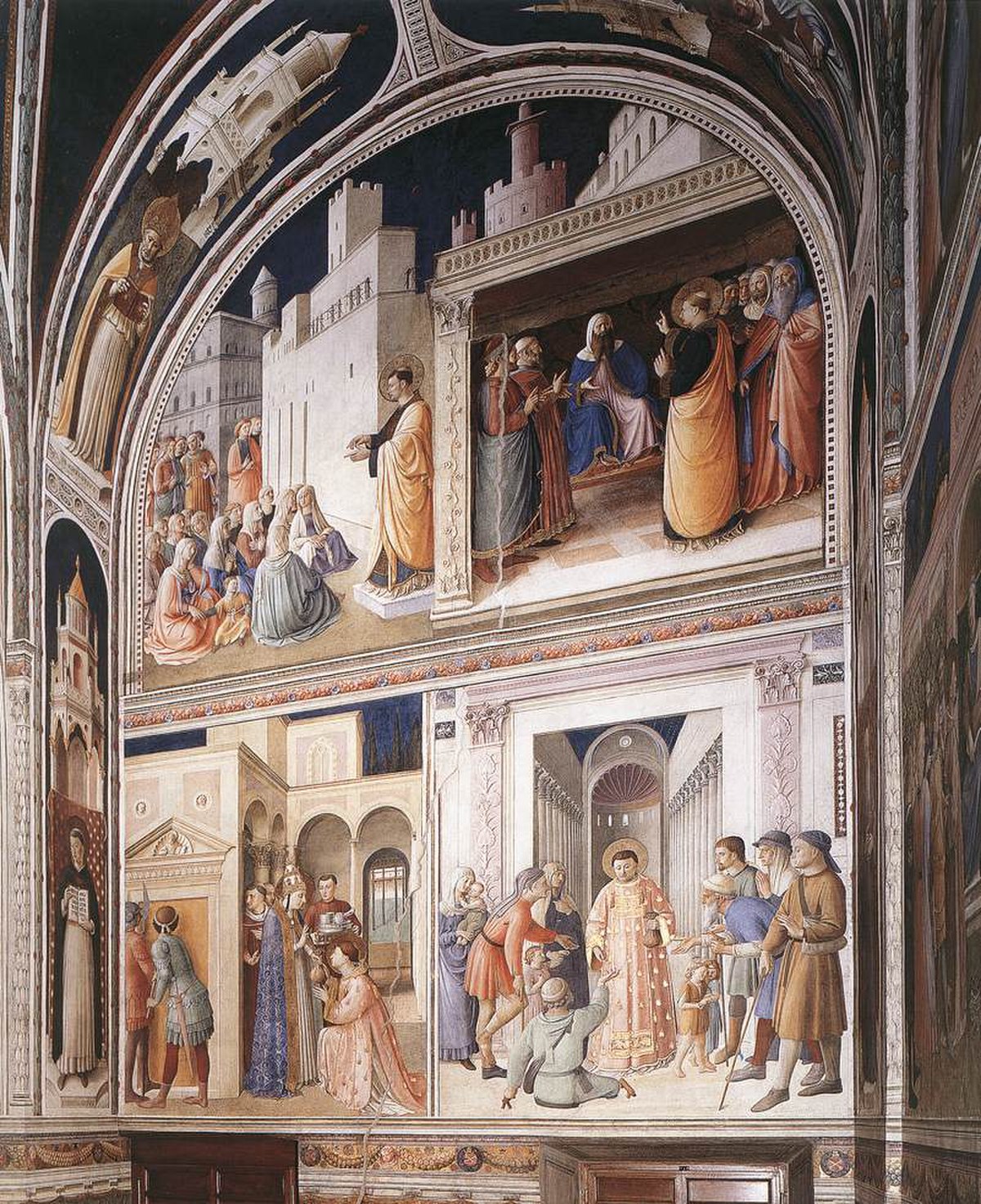 Chapelle de Nicolas V, au registre supérieur : scènes de la prédication de saint Étienne et saint Étienne devant les Anciens ; au registre inférieur : saint Laurent reçoit du pape Sixte II le trésor de l'Église et fait l'aumône aux pauvres