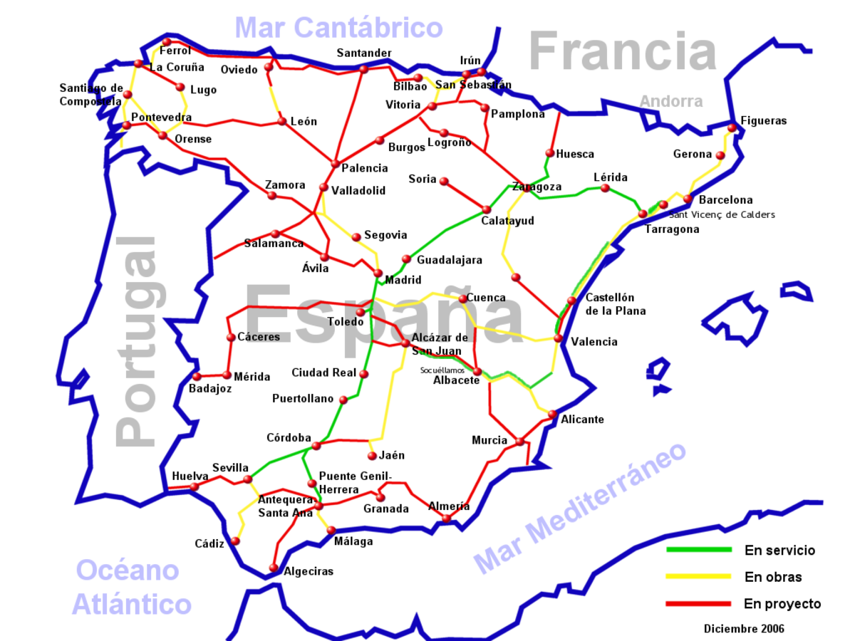 Carte d'Espagne des lignes grande vitesse en service, en construction ou en projet.