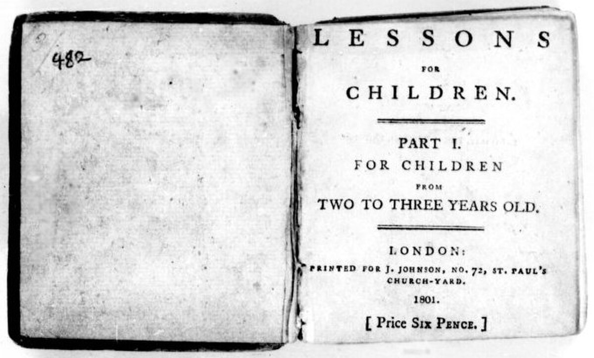 La page se lit ainsi : Lessons for Children. Part I. For Children from Two to Three Years Old. London: Printed for J. Johnson, No. 72, St. Paul's Church-Yard. 1801. [Price six Pence.] (Leçons pour les enfants. Première partie. Pour les enfants âgées de deux à trois ans. Londres : Imprimé pour J. Johnson, n° 72, Cimetierre de St Paul. 1801. [Prix six pence.]