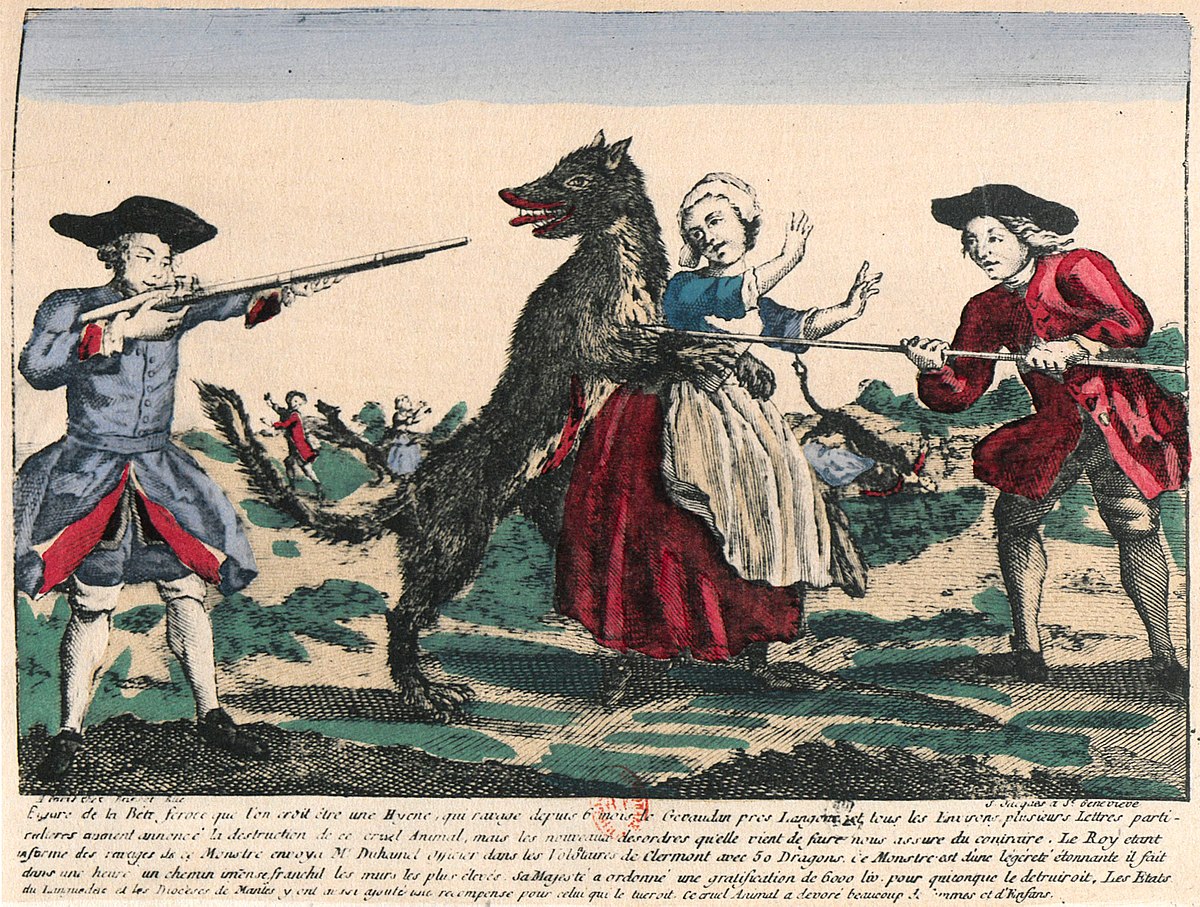 Image d'Epinale représentant un loup attaquant une paysanne attaquée par un loup et défendue par des soldats armés de fusils