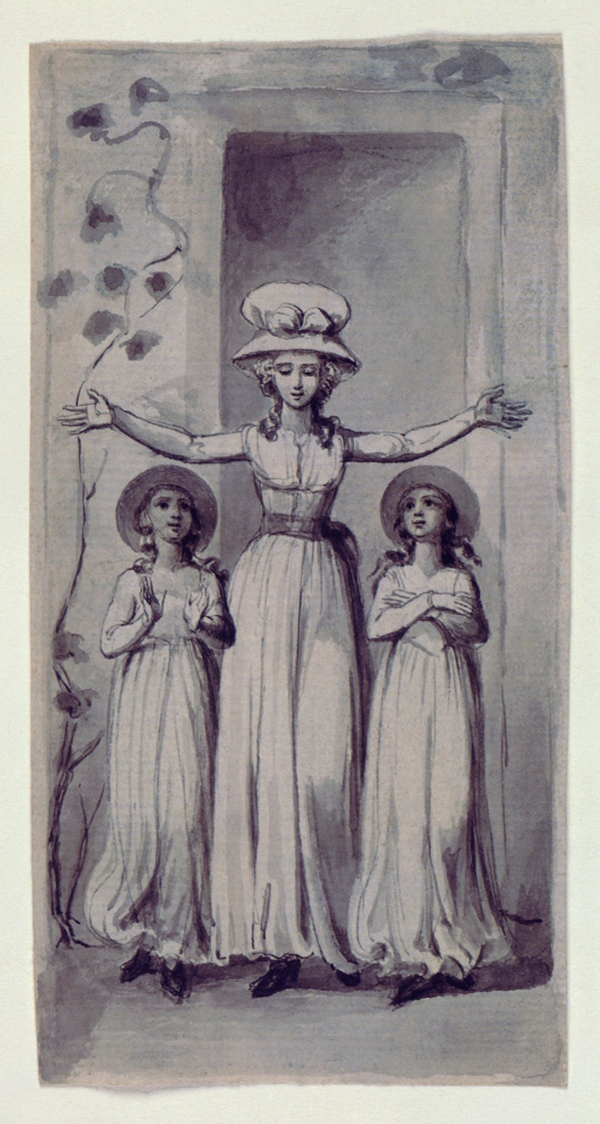 Dessin montrant une enseignante levant les bras en forme de croix. Il y a une enfant de chaque côté d'elle, toutes deux la regardent.
