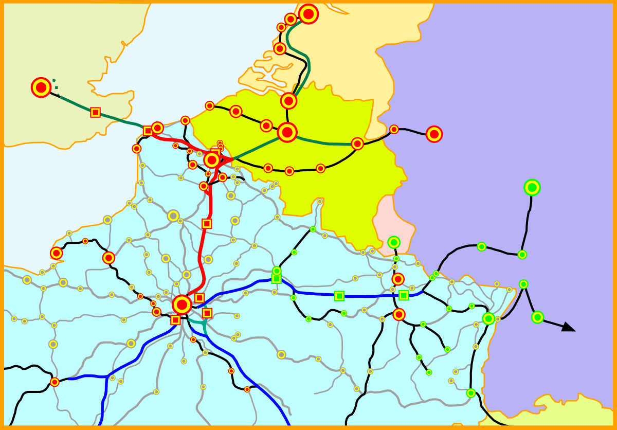 Tracé en rouge de la LGV Nord. En noir, les lignes classiques empruntées par les TGV.
