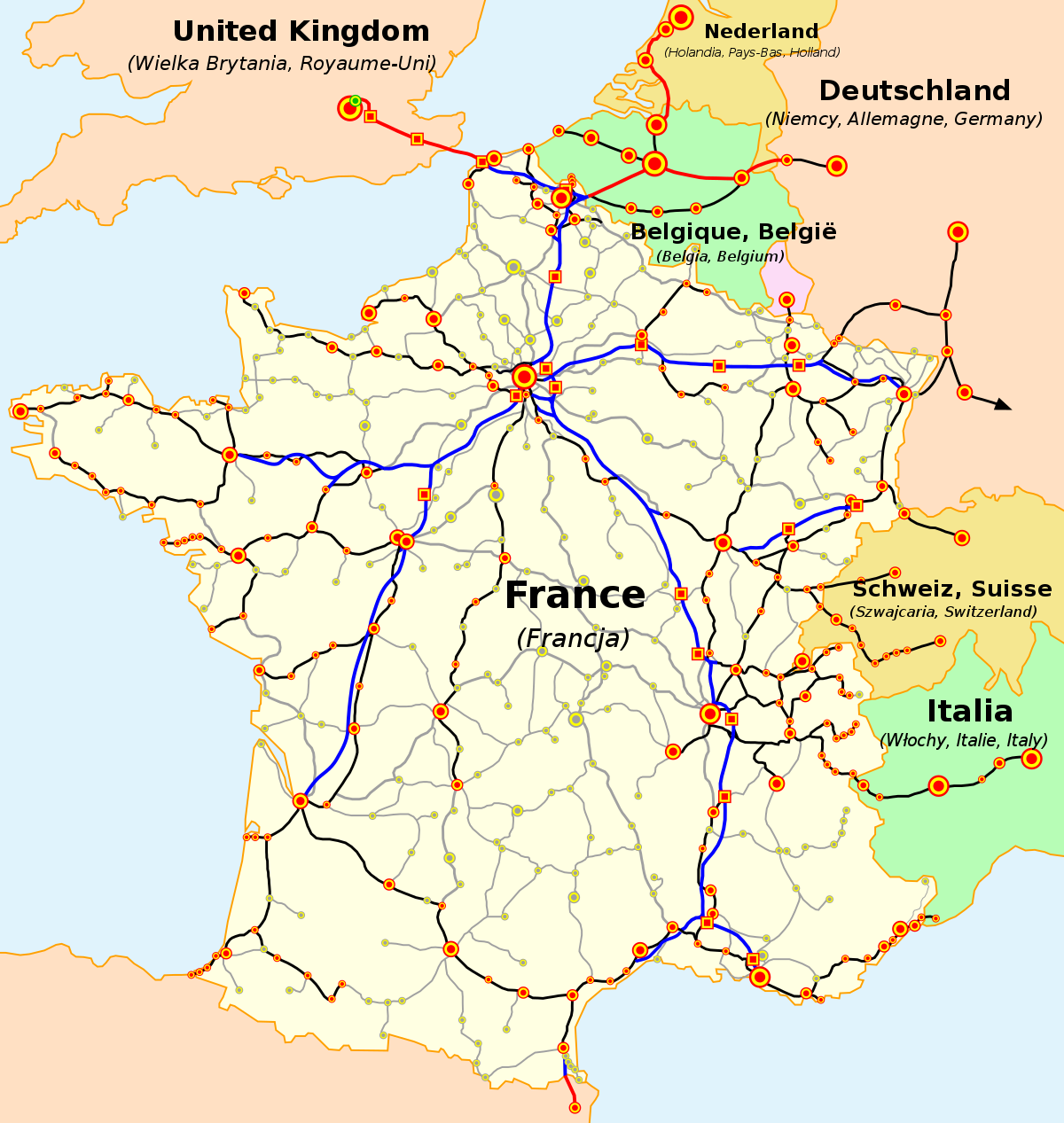 Le réseau TGV en bleu et rouge : lignes à grande vitesse en noir : lignes classiques parcourues par les TGV en pointillé : desserte à ouvrir d'ici 2009