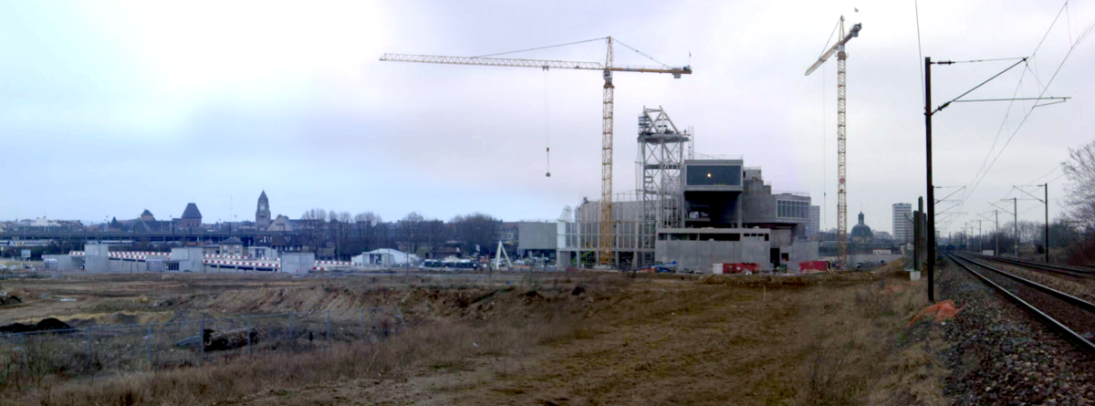 Le chantier du centre Pompidou-Metz et le site du futur quartier de l’Amphithéâtre, février 2009.