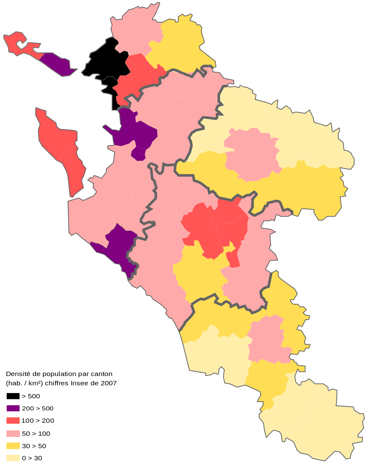 Carte des densités de population des cantons de la Charente-Maritime en 2007.