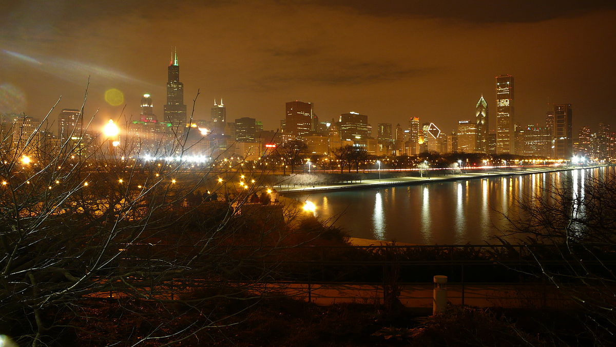 Chicago-centre de nuit, depuis l'Aquarium John G. Shedd