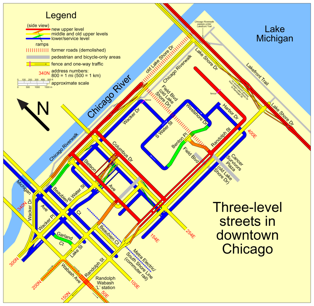 Plan des rues multi-niveaux du centre ville (downtown) de Chicago