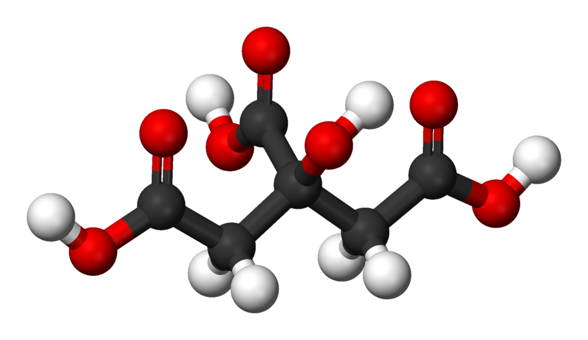 Formule semi-développée et représentation 3D de l'acide citrique.