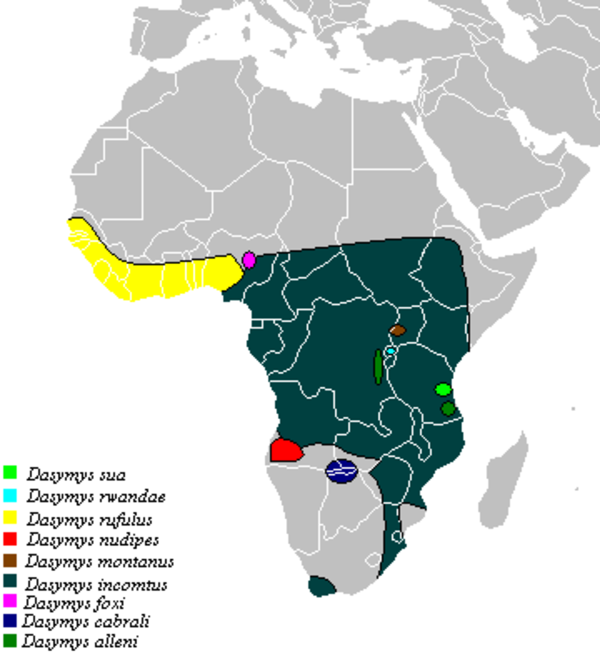 Répartition des espèces de Dasymys, selon ?Verheyen et al. 2003 :