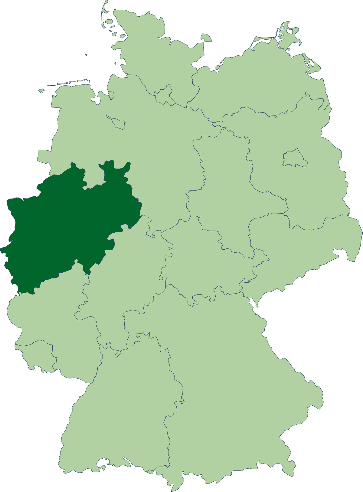 Localisation de la Rhénanie-du-Nord-Westphalie (en vert foncé) à l'intérieur de l'Allemagne