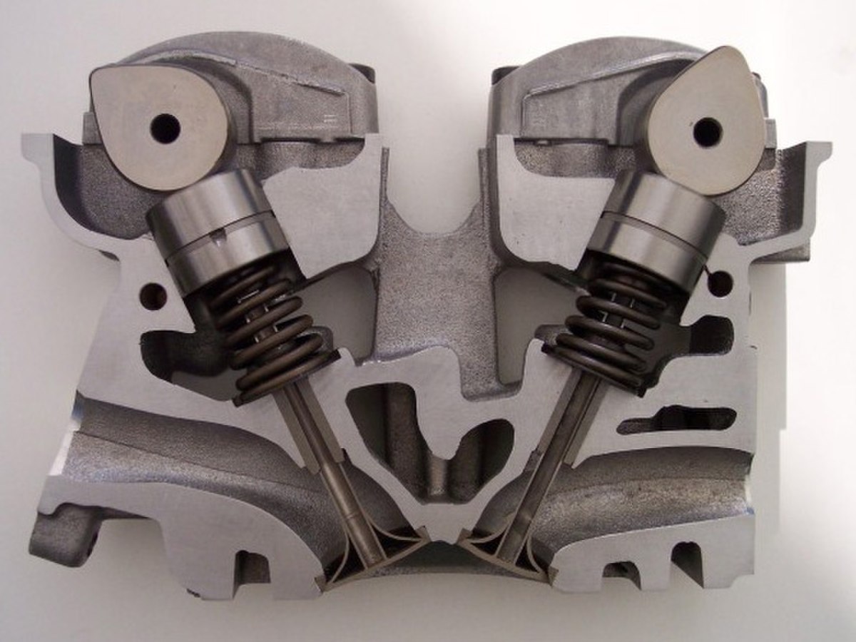 Coupe d'un moteur, montrant les cames au-dessus des soupapes
