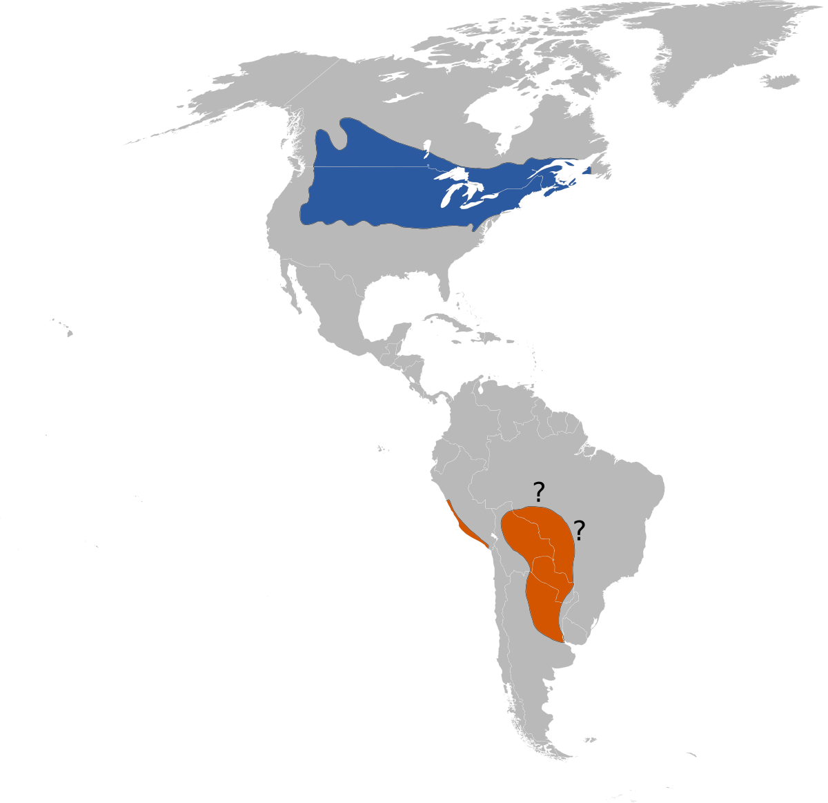 Répartition approximative bleu: zone de nidificationocre: zone d'hivernage