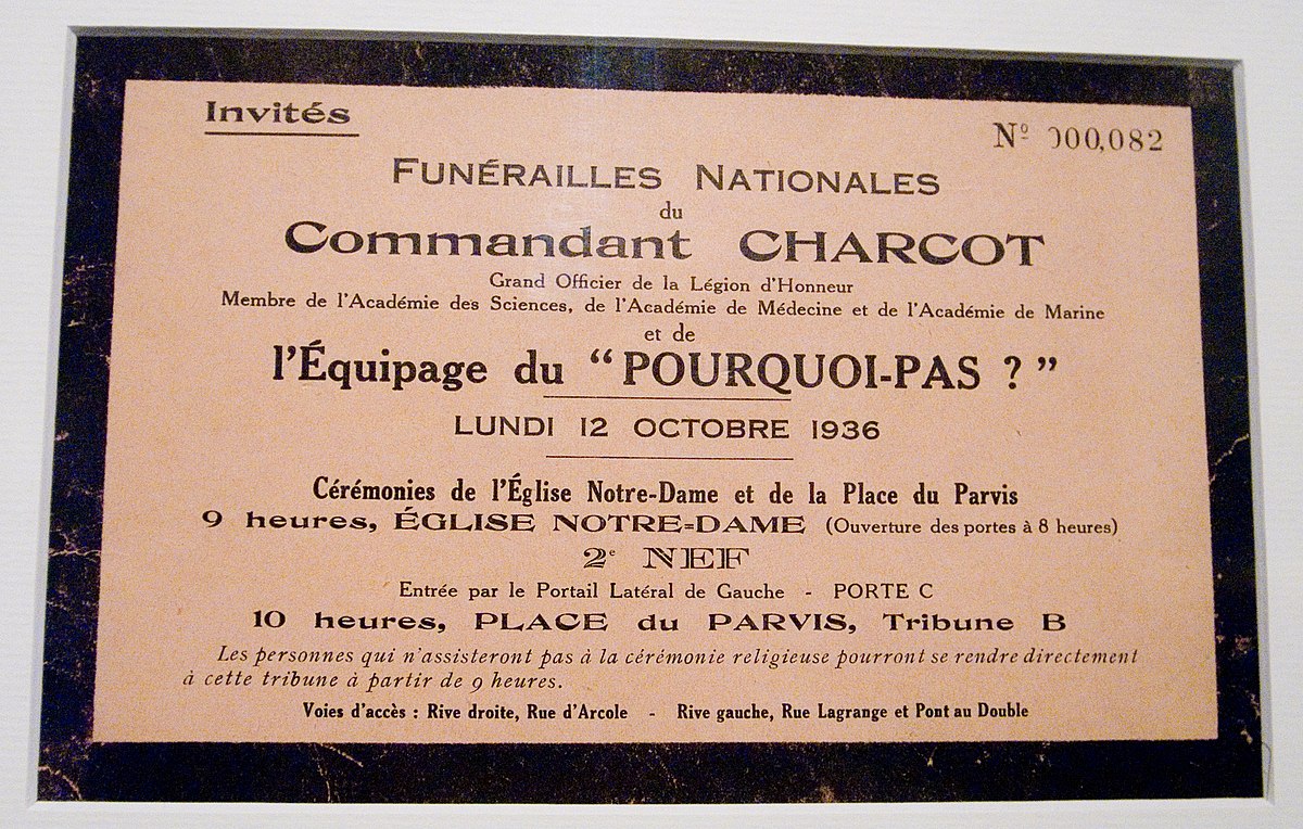 Faire-part des funérailles du commandant Charcot.