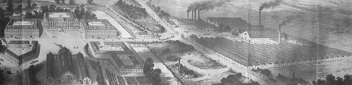 Dessin du site industiel avec les forges à droites et les batiments de vie à gauche