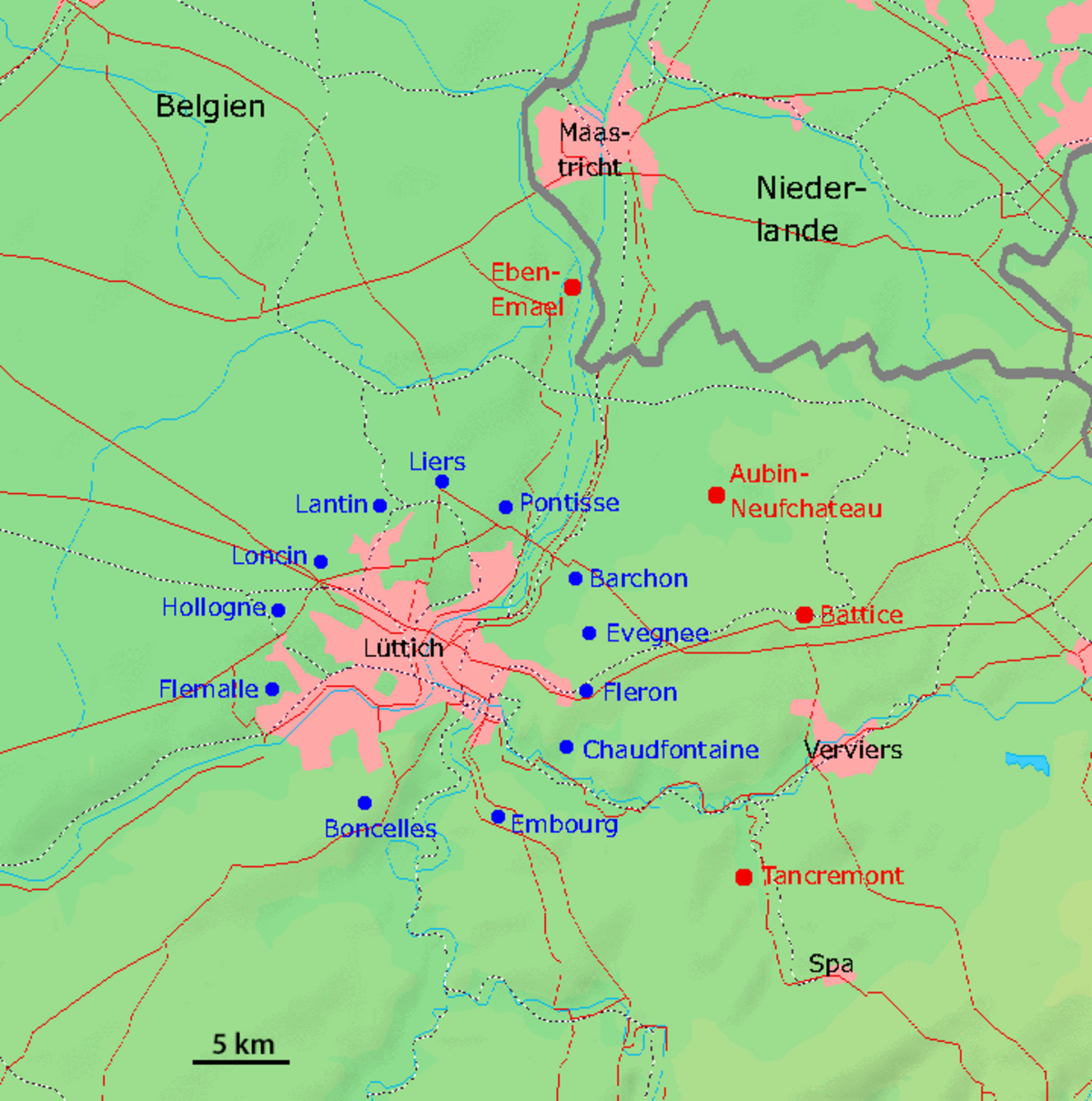Carte des défenses militaires de Liège au cours des deux guerres mondiales. L'Atlas V partit de Liège vers Maastricht au nord
