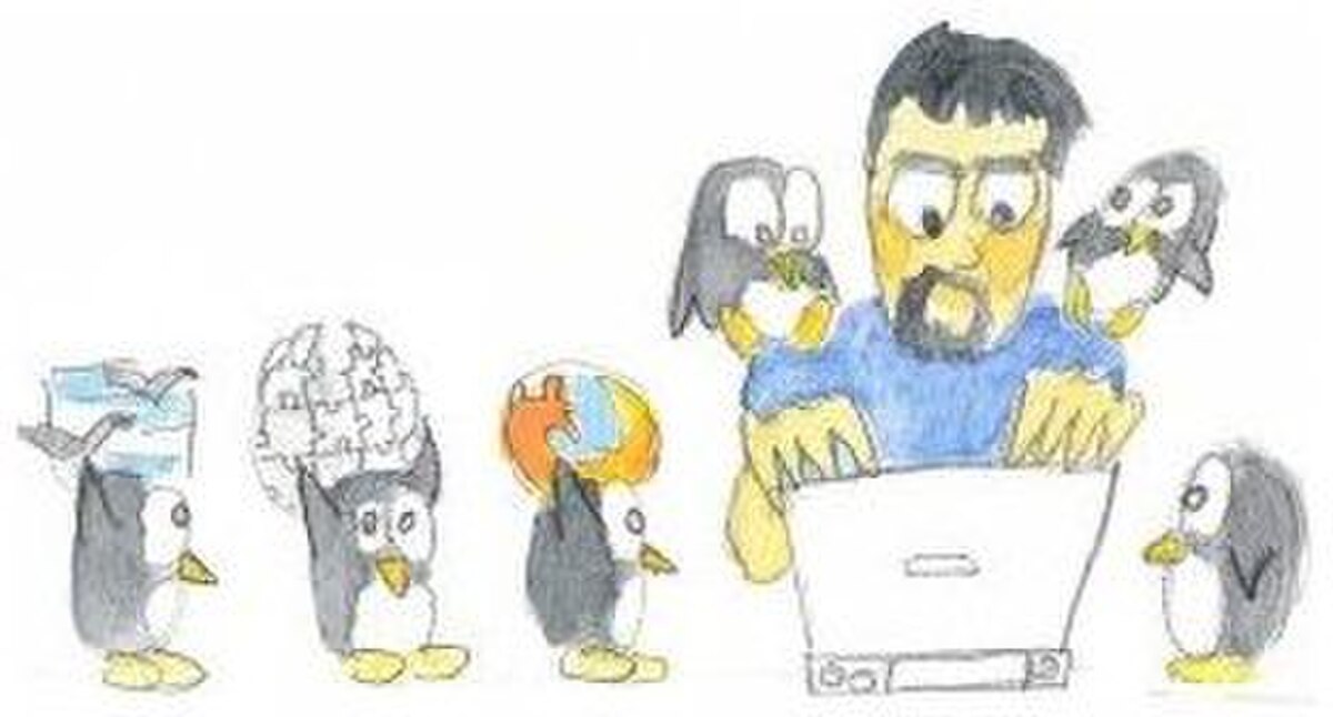 Dessin représentant un homme à son ordinateur entouré de manchots