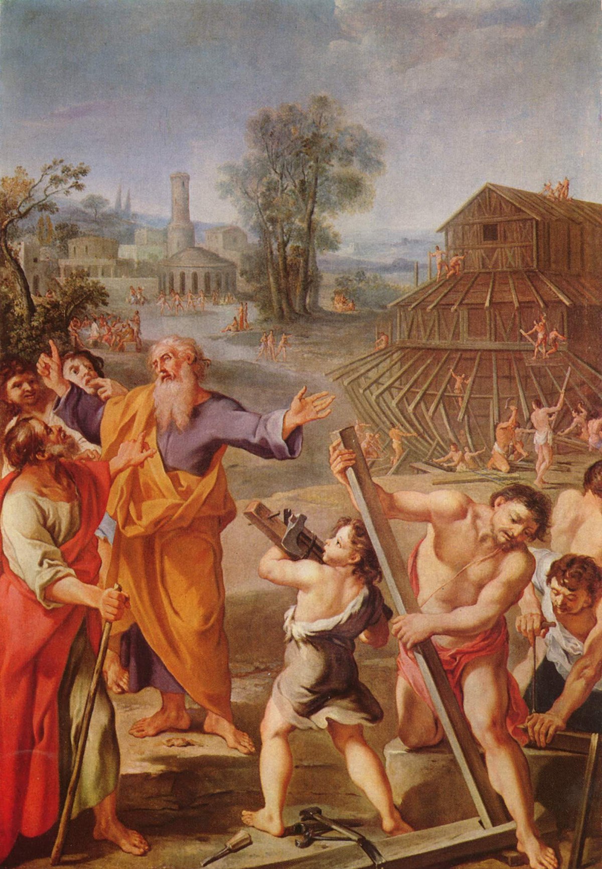 La construction de l'arche de Noé est représentée ici par un peintre français non identifié, vers 1675