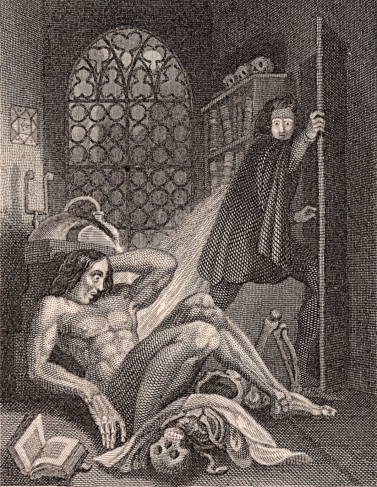 Gravure montrant un homme nu qui s'éveille sur le sol et un autre qui s'enfuit épouvanté. Un crâne et un livre se trouvent près de l'homme nu, et une fenêtre, par laquelle filtre la lumière de la lune, se situe à l'arrière-plan.