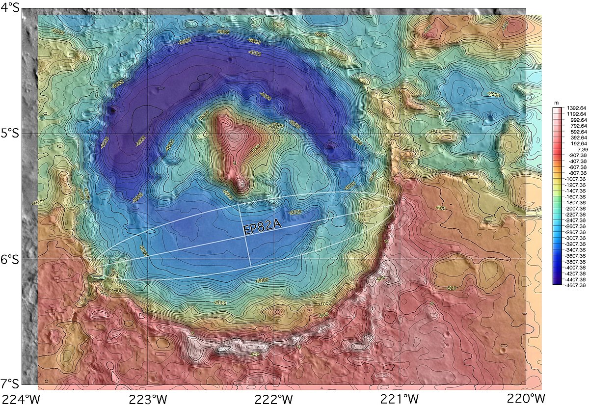 Topographie du cratère Gale et ellipse d'atterrissage envisagée en 2003 pour le rover Spirit.