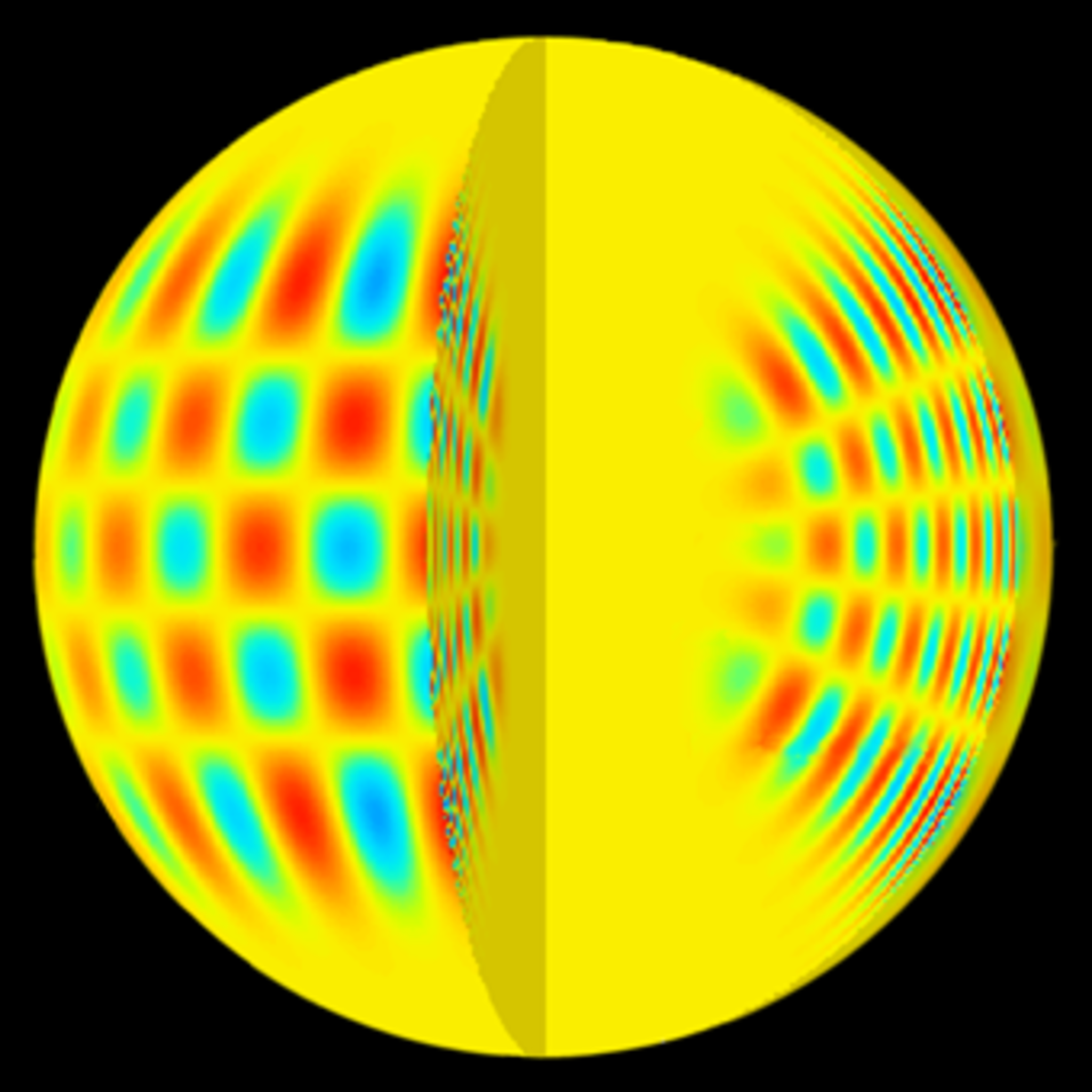 Une image réalisée grâce à un ordinateur montrant les motifs d'oscillation acoustique solaire en mode p à la fois à l'intérieur et à la surface du soleil. (l=20, m=16 et n=14.)