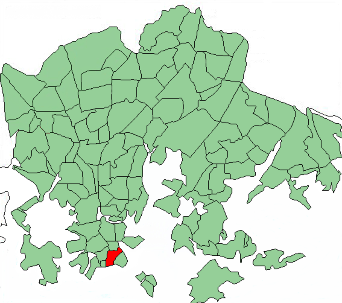 Carte de localisation de Ullanlinna dans la municipalité d'Helsinki.
