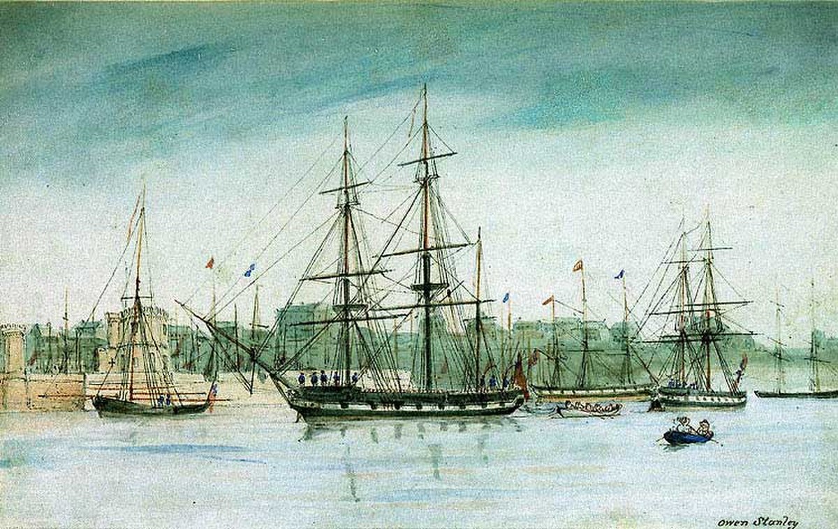 HMS Beagle (centre) par Owen Stanley (1841)