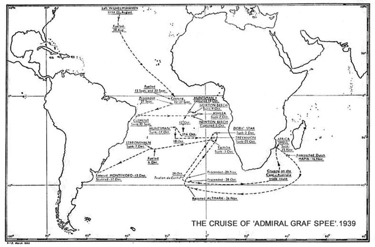 Le parcours du Graf Spee dans l'Atlantique Sud