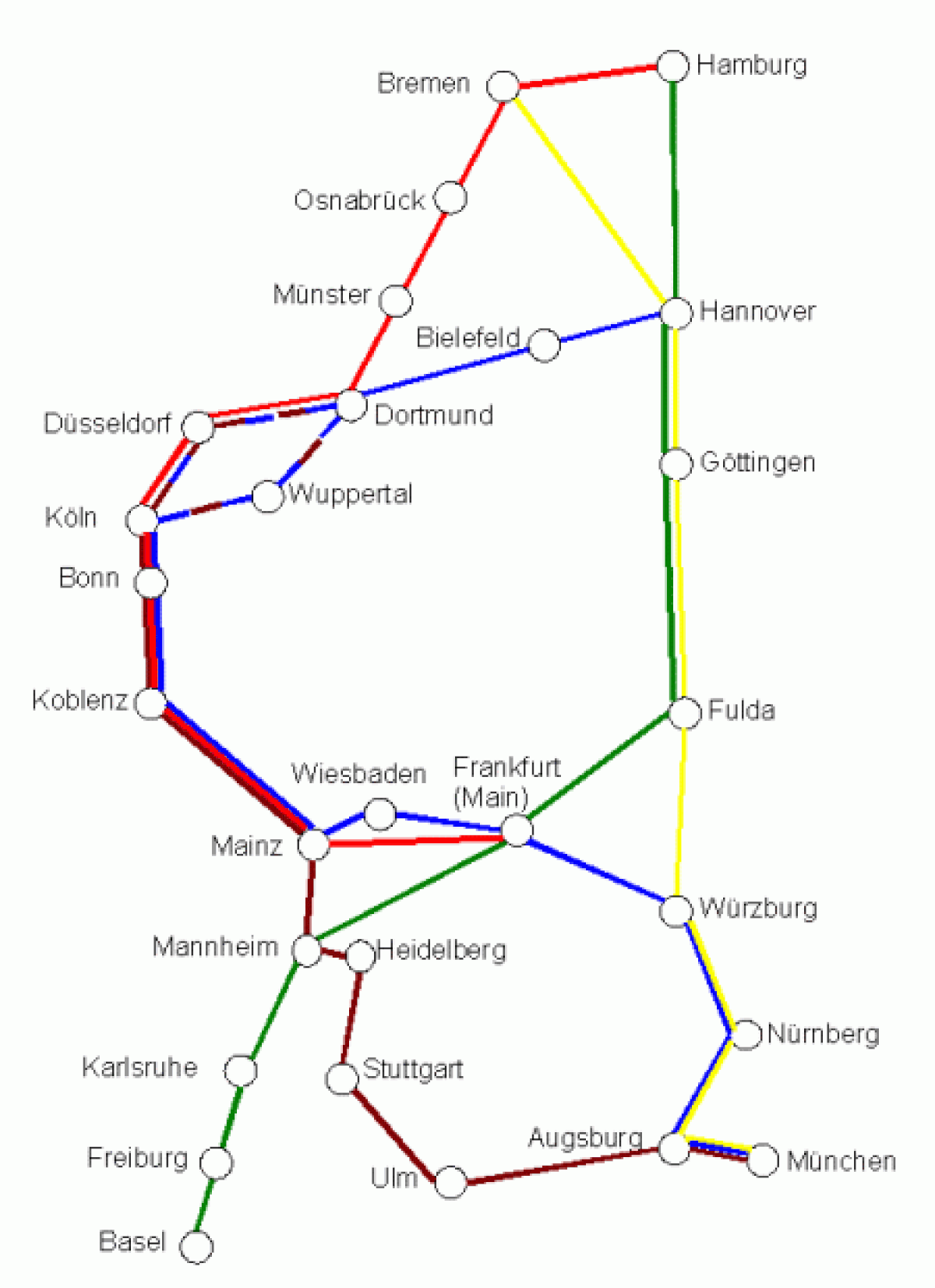 Réseau des lignes IC en 1985. Trait coloré continu pour ligne à cadence horaire, discontinu pour ligne desservie toutes les deux heures