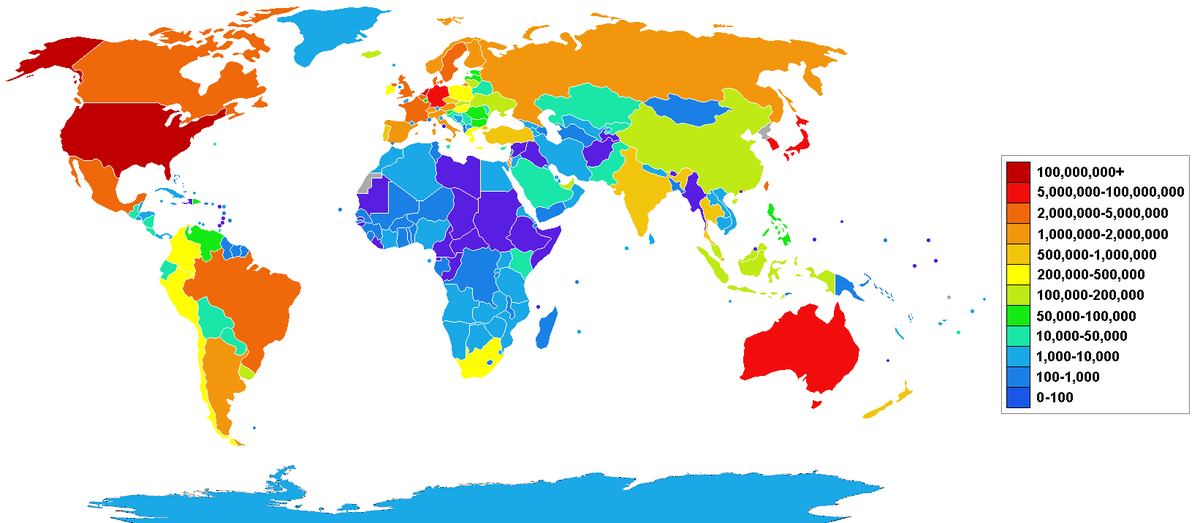 Concentration des serveurs hôtes de l'Internet projetée sur une carte politique du Monde ; chiffres obtenus en 2005.