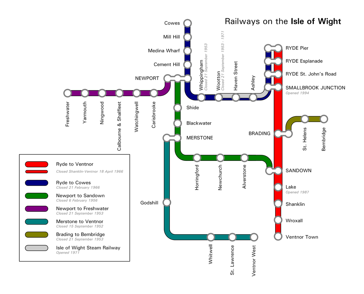 Réseau de l'île de Wight. Seule la ligne Ryde-Shanklin (en rouge) est en exploitation.