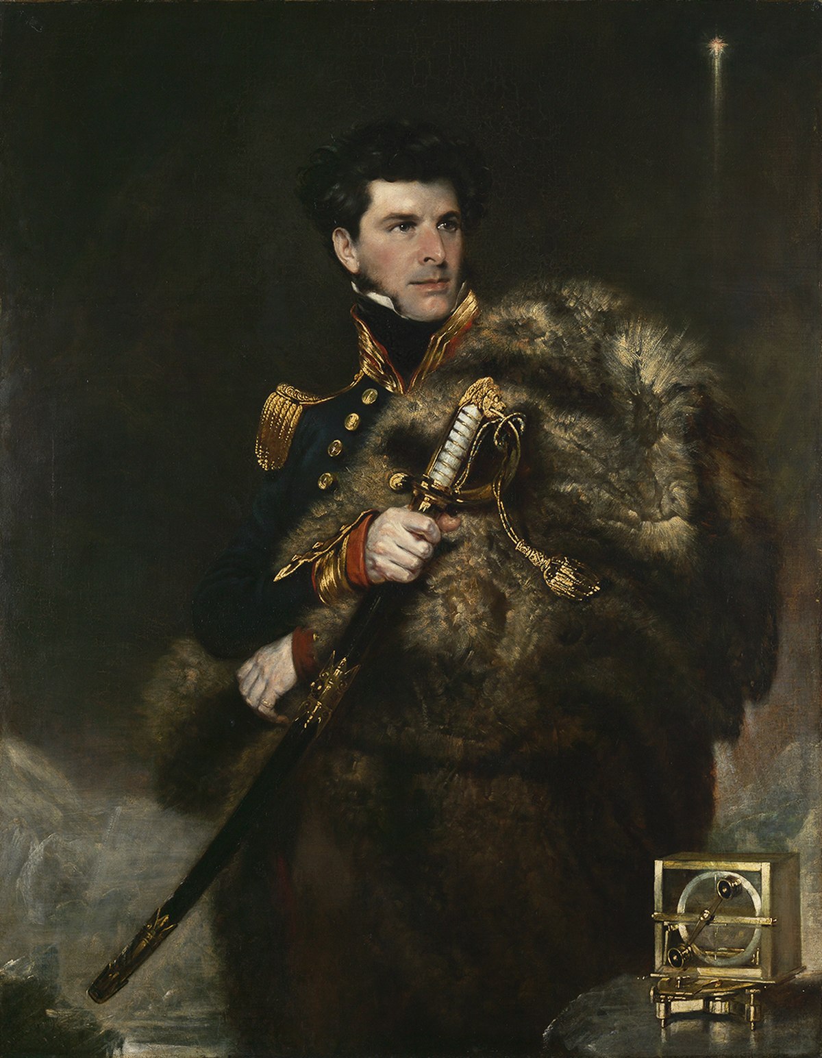 Portrait avec, à côté de lui, une boussole d'inclinaison qu'il utilisa pour rechercher le pôle Sud magnétique.