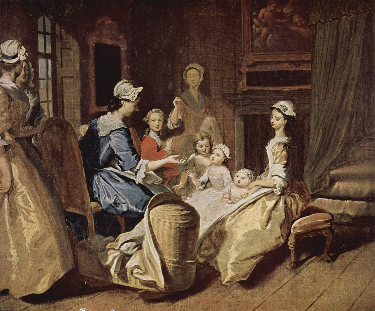 Scène domestique d'une mère instruisant quatre enfants, entourés par quatre domestiques. Le mère et ses enfants sont au centre de l'image tandis que les domestiques forment un cercle autour d'eux. La mère détourne le regard du public pour le porter sur ses enfants, et les enfants regardent vers elle et vers le public. Un des enfants est élégamment vêtu d'un manteau rouge et semble être un adolescent ; les trois autres semblent avoir moins de 10 ans, l'un est un bébé, et ils sont tous habillés en blanc.