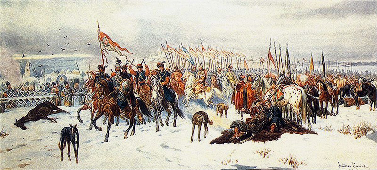 Peinture de Julius Kossak (1824-1899) - Les Lévriers Polonais accompagnent les troupes