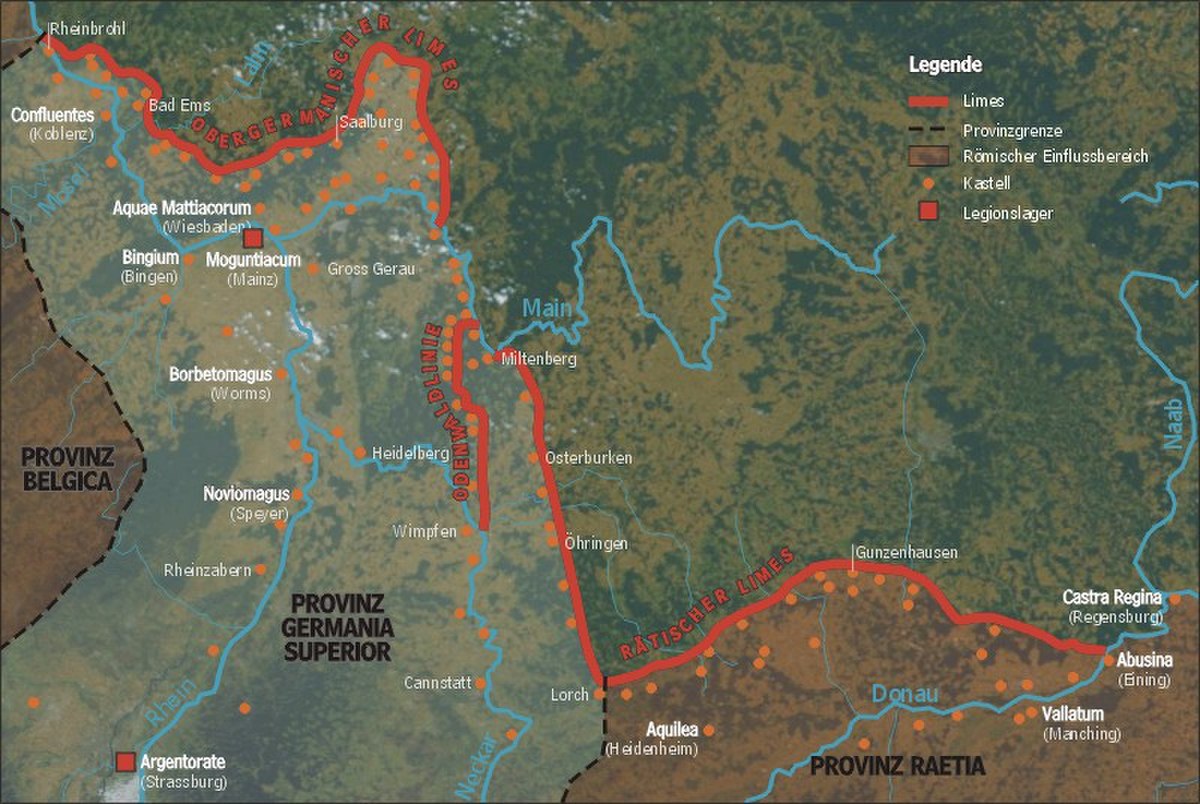 Carte du limes germanique, figurant la province de la Rhétie.