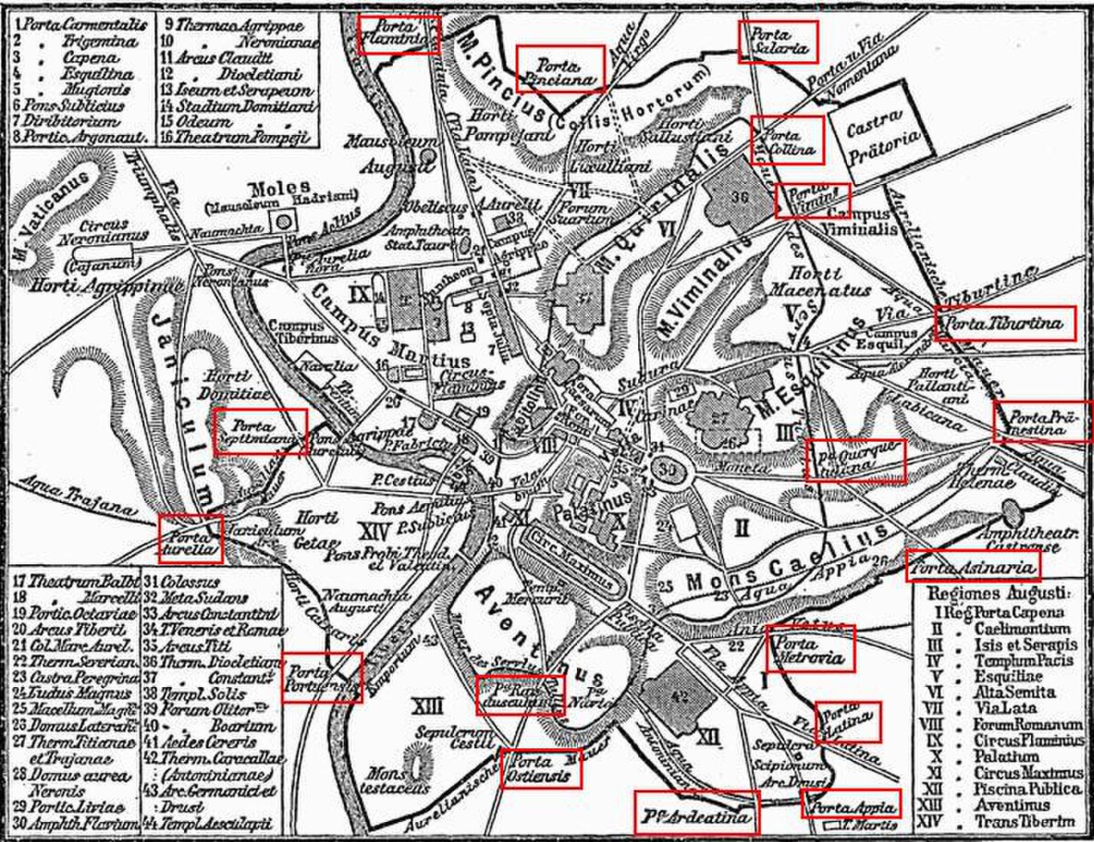 Localisation du Mur d'Aurélien dans la Rome antique (en rouge)