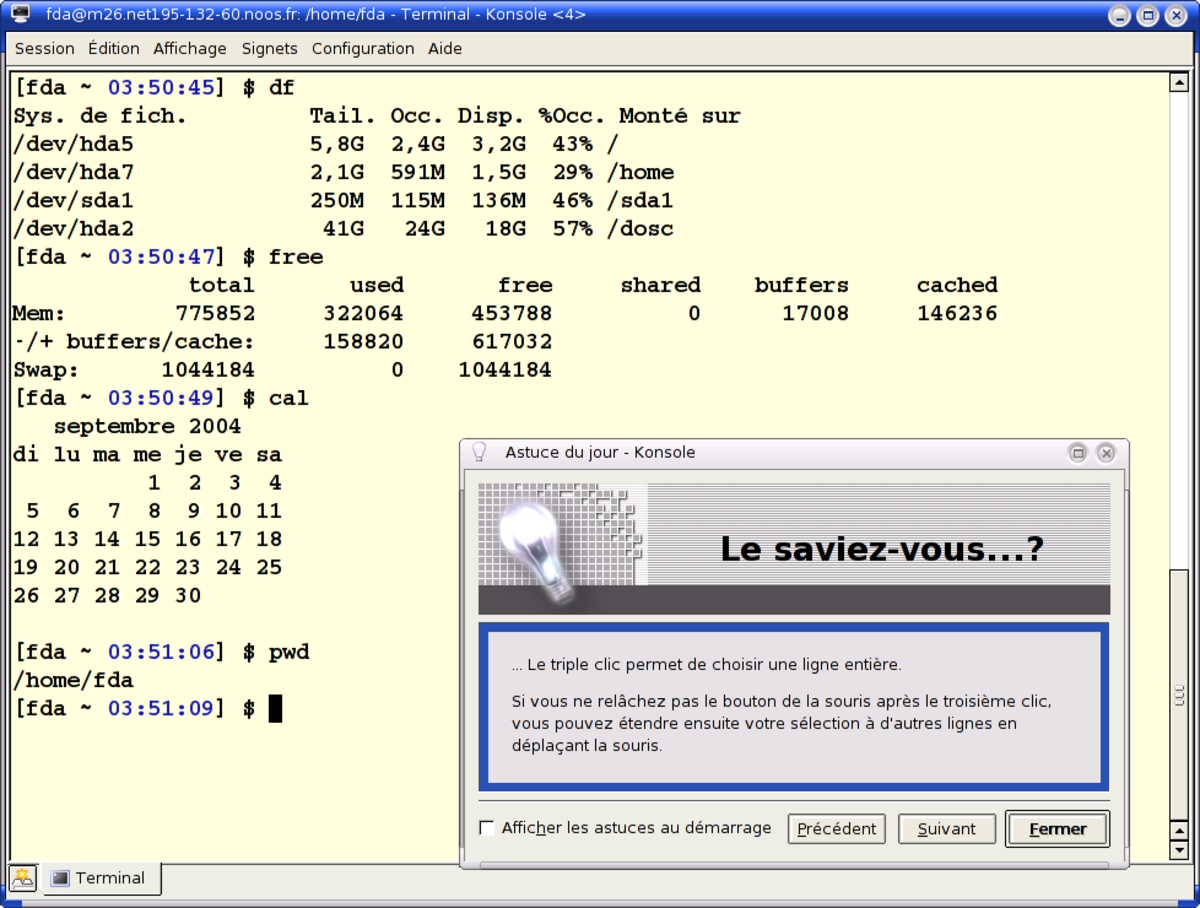 La console Konsole. On peut y taper toutes les commandes. Remarquez à droite la barre d'ascenseur pour naviguer dans les résultats antérieurs.