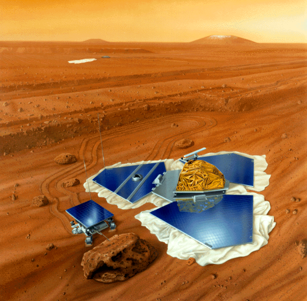 Vue d'artiste : la mission Mars Pathfinder sur le sol martien