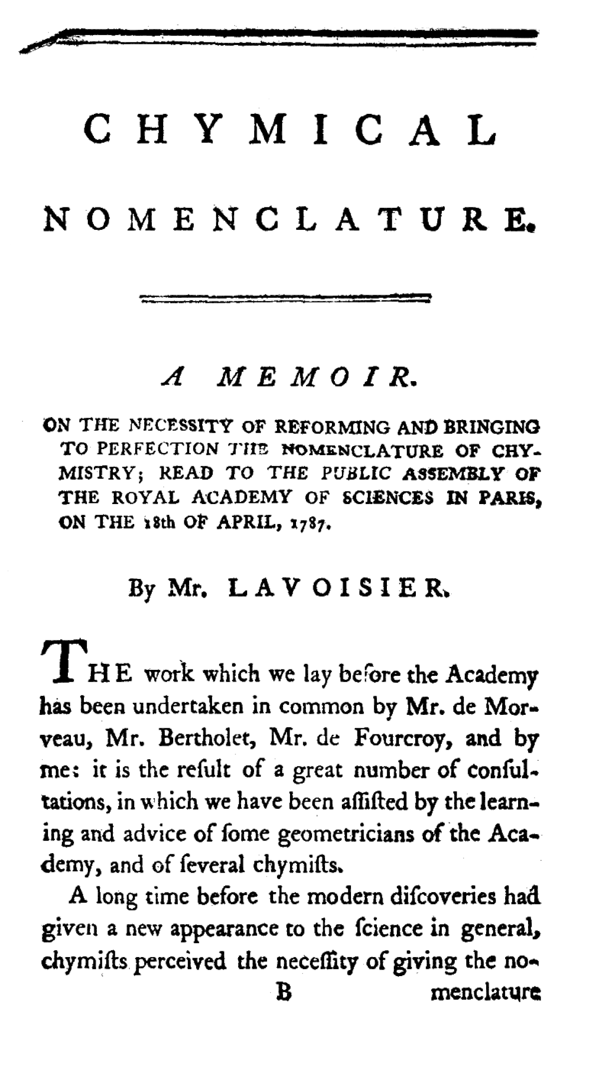Première page de la "Chymical Nomenclature" de Lavoisier en anglais