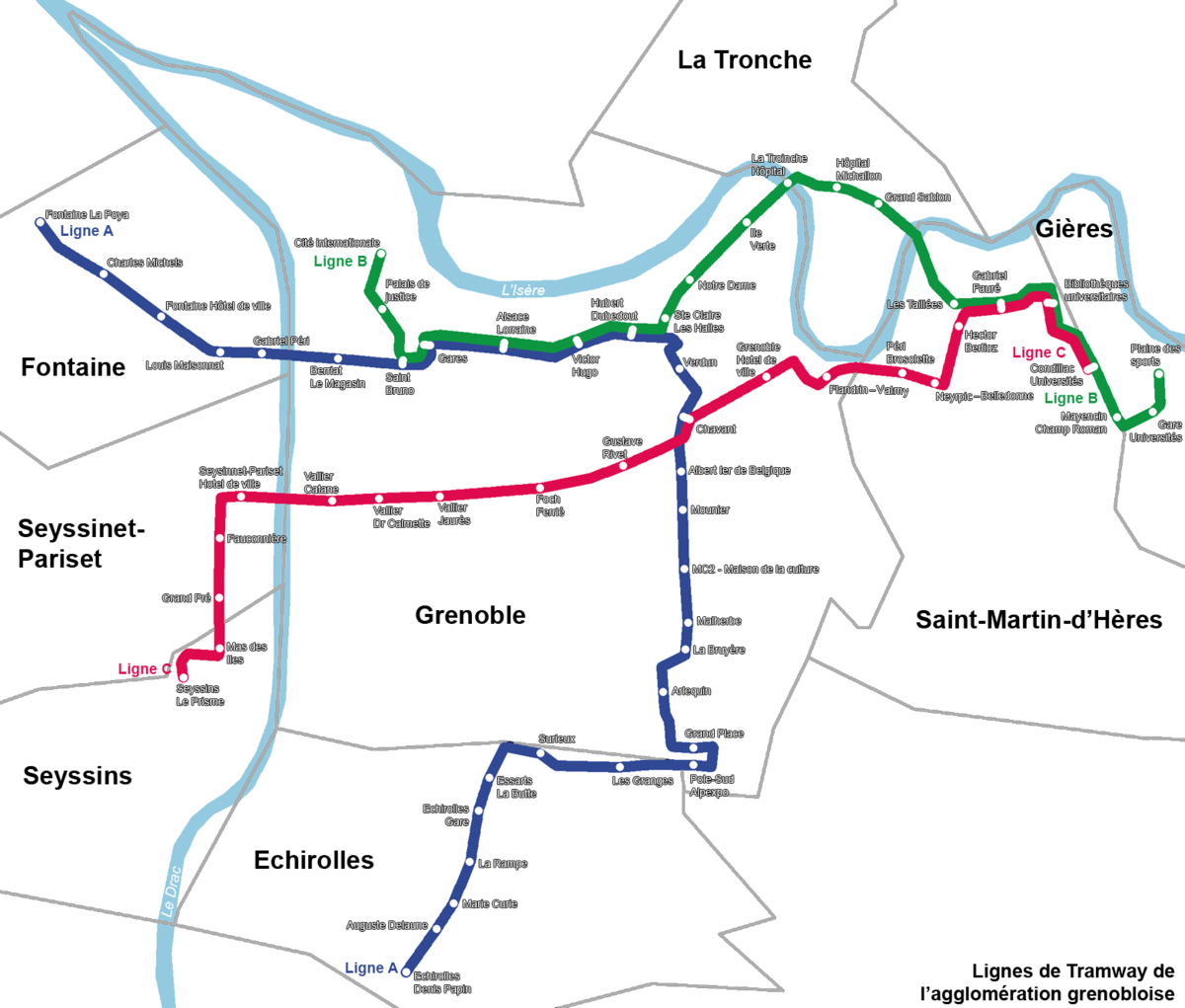 Plan des lignes de tramway de l'agglomération grenobloise