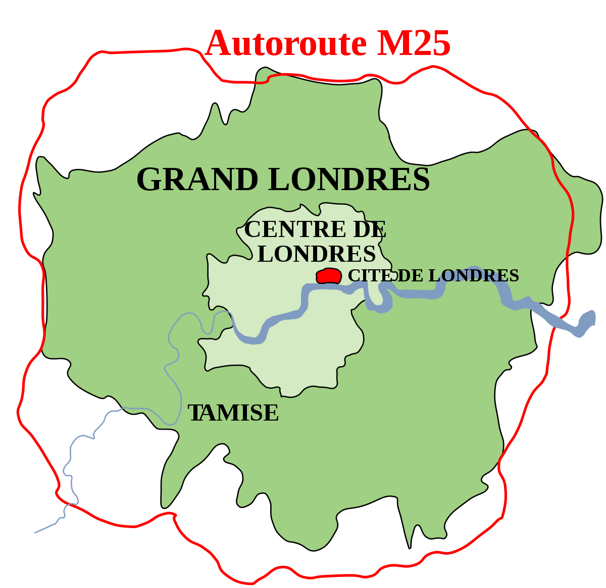Plan de la Cité de Londres, du centre de Londres, du Grand Londres et de l'autoroute M25.