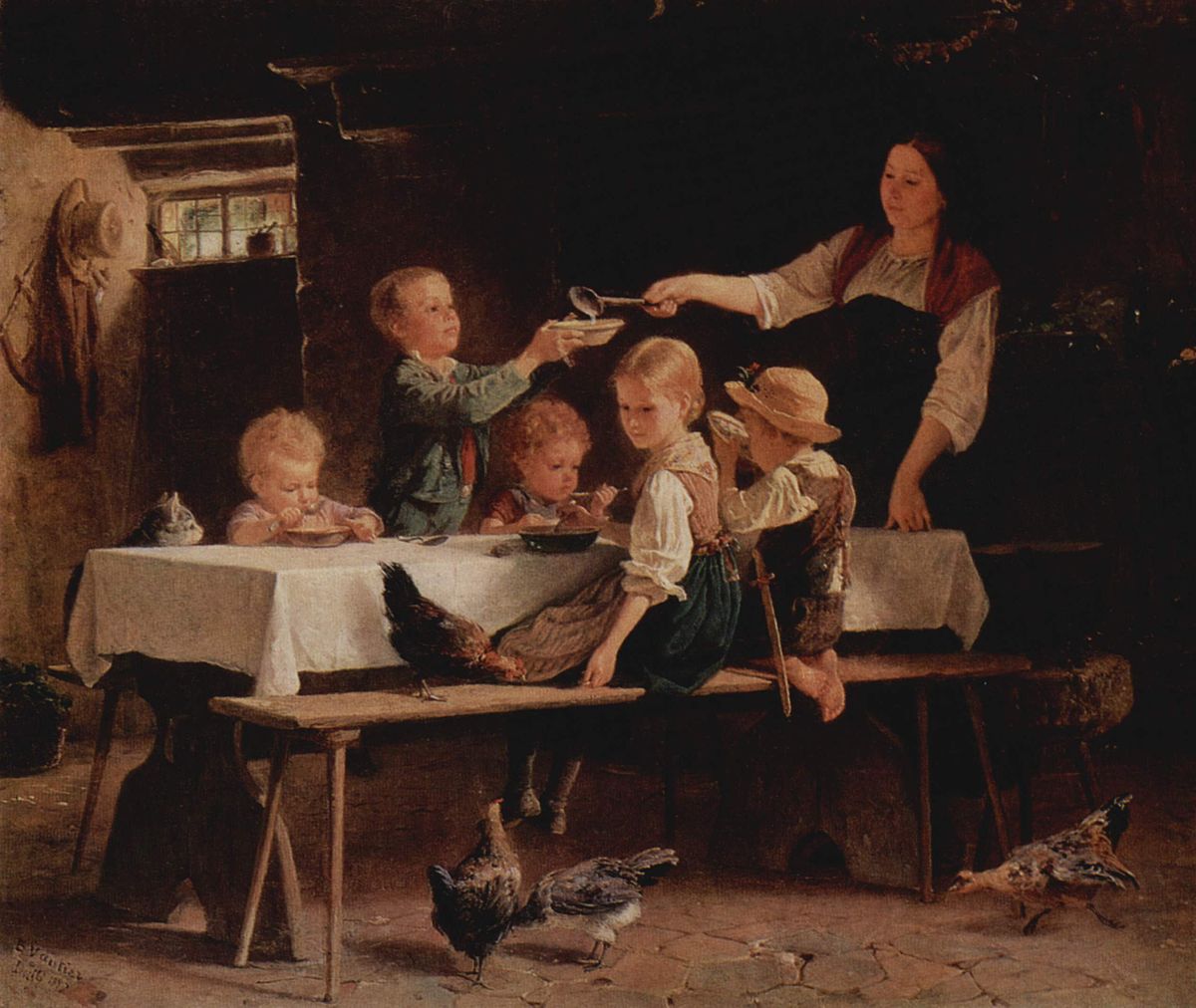 Dans une pièce sombre, chichement éclairée par une petite fenêtre d'angle, cinq jeunes enfants sont attablés. Les trois plus jeunes mangent déjà leur soupe, le quatrième tend son assiette à sa mère débout, qui y verse une louche de potage, tandis que la fillette plus âgée attend en regardant la poule montée sur le banc à côté d'elle. Trois autres poules picorent le sol de la salle.Les tons vont du blanc de la nappe et des chemises au brun foncé du mur sur lequel se détache le visage et les bras de la mère.