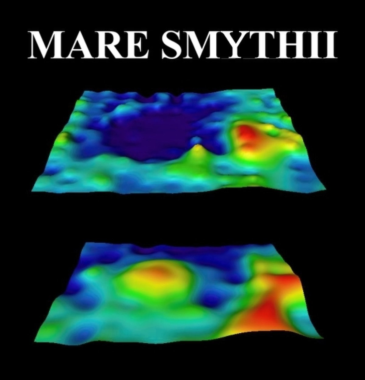 Cette figure permet de comparer la topographie (en haut) et la gravité correspondante (en bas) du cratère lunaire Mare Smythii. Elle illustre le phénomène de réplétion.