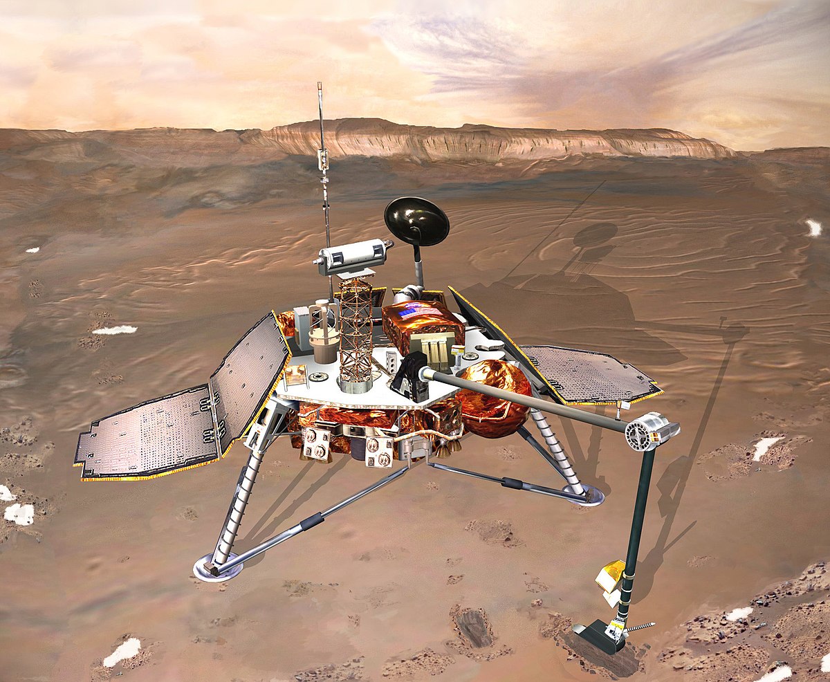 Vue d'artiste de la sonde Mars Polar Lander à la surface de Mars.