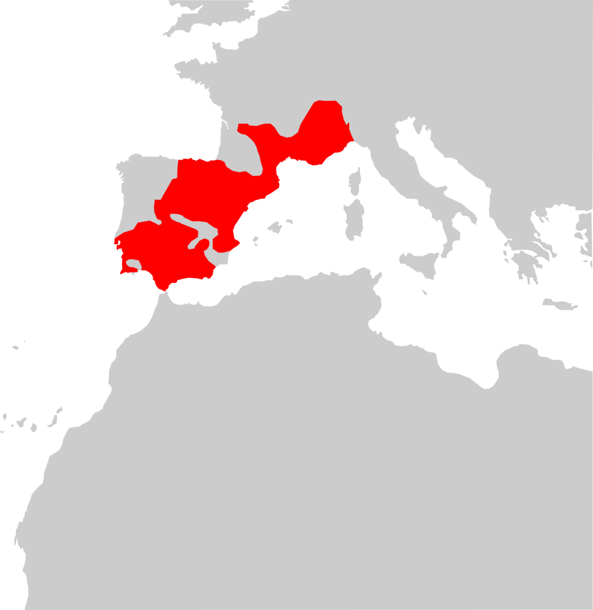 une carte d'Europe avec en rouge une partie du sud de la France et presque toute la péninsule Ibérique, à part le nord-ouest