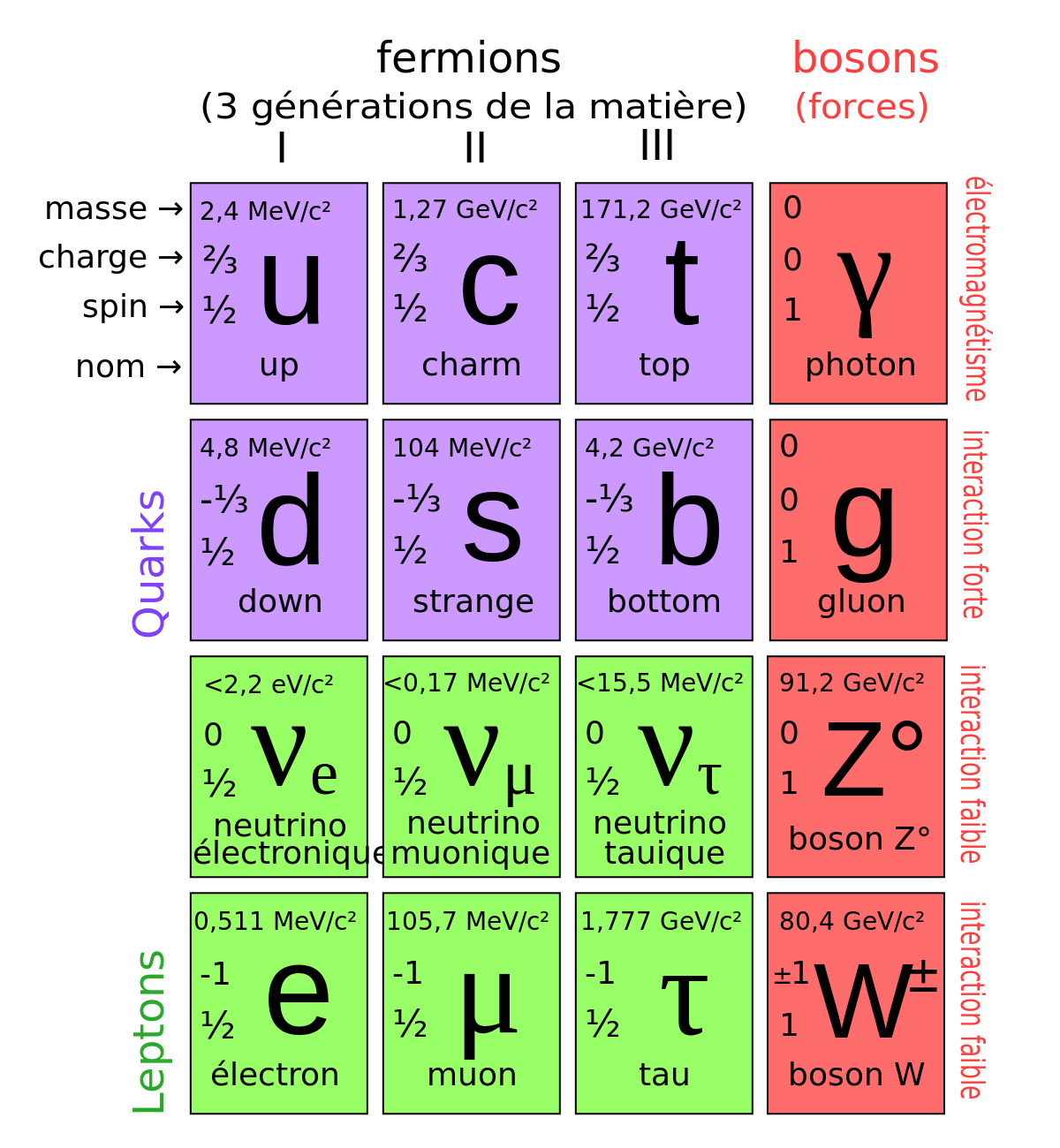 Une table à 4 lignes et 4 colonnes, chaque cellule contenant un identificateur de particule