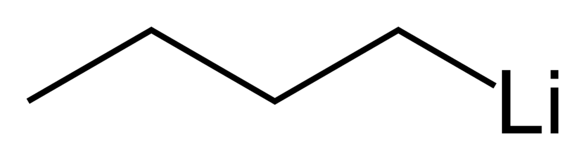 modèle 3D boules et bâtons d'un héxamère de n-butyllithium (haut) et formule plane du butyllithium (bas)