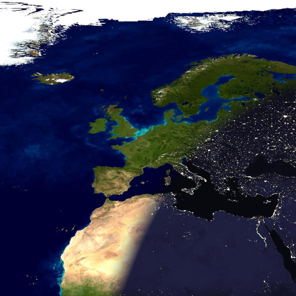 Image composite illustrant le terminateur terrestre passant au dessus de l'Europe et de l'Afrique du Nord