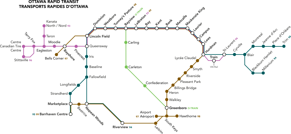Ligne du O-Train en rouge. Les autres lignes représentent des circuits d'autobus rapides de OC Transpo